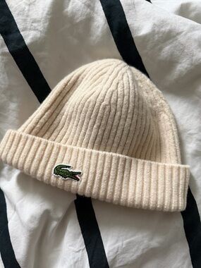 Lacoste Cream Rib Knit Beanie with Green Crocodile Patch